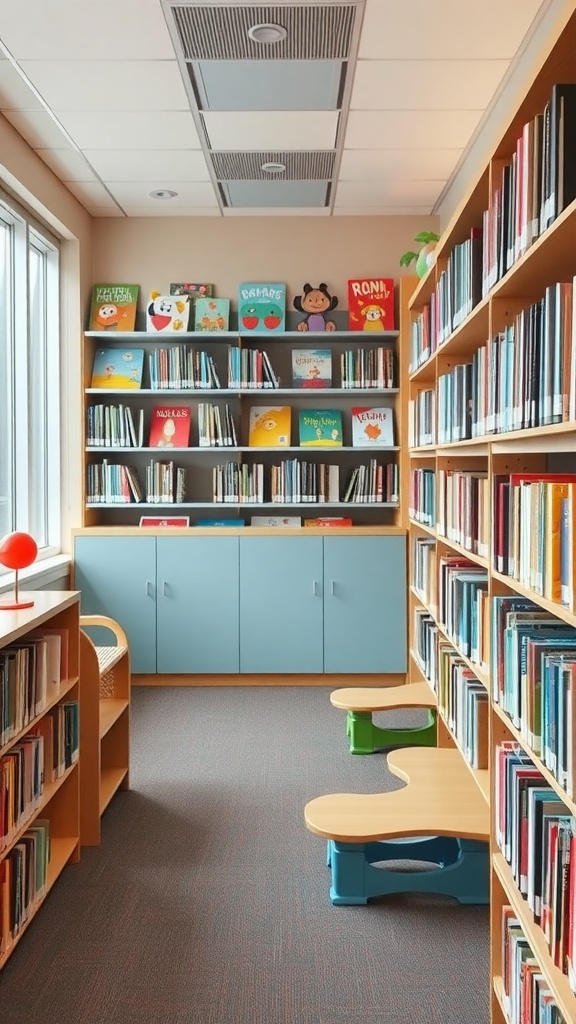 A family-friendly library featuring colorful bookshelves, playful seating, and a bright atmosphere.