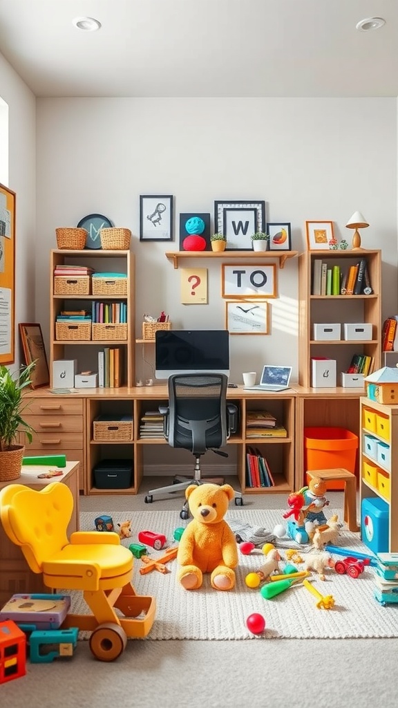 A family-friendly office with a crafting area, featuring a desk, colorful toys, a teddy bear, and a cheerful yellow chair.