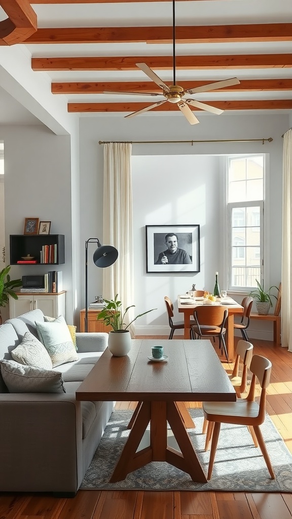 A cozy living room and dining room combo featuring a gray sofa, wooden dining table, and natural light.