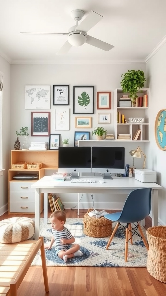 A modern home office featuring a workspace and a play area for children.