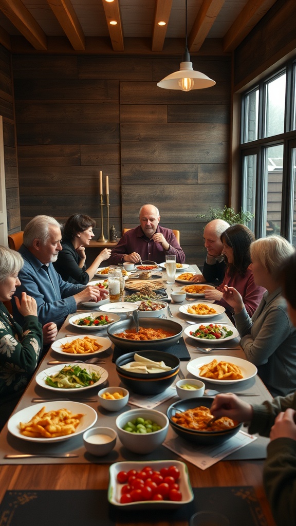 A family-style dining experience in a modern farmhouse setting with a table full of various dishes and family members enjoying their meal.
