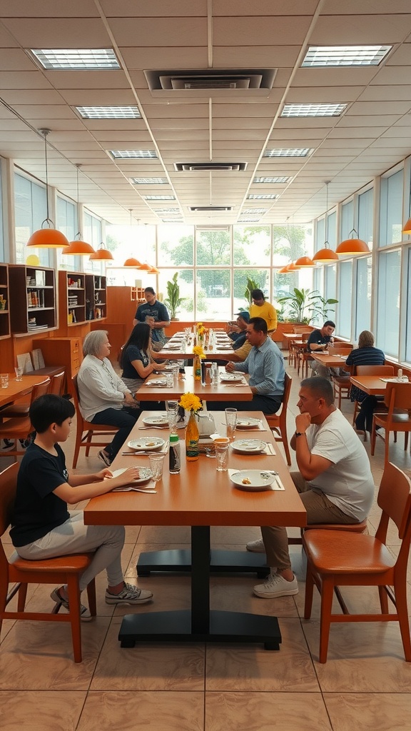 A bright Italian dining room with family-style seating arrangements, showcasing diners at wooden tables.