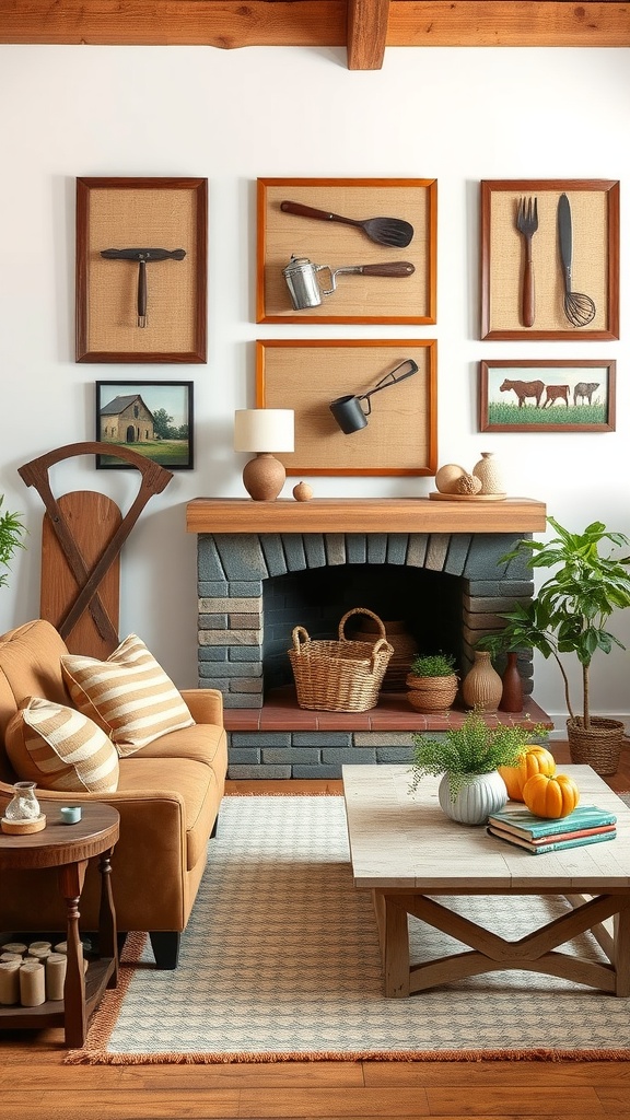 Living room with rustic farm-inspired wall art featuring kitchen tools and farm scenes