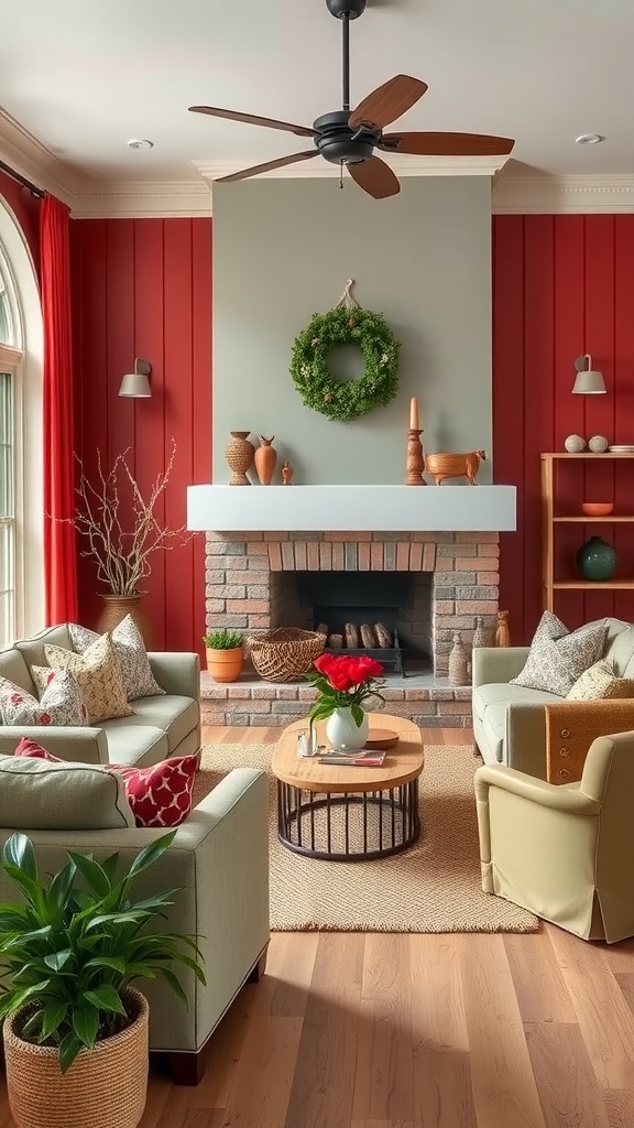 Country farmhouse living room with red walls, green wreath, and cozy seating