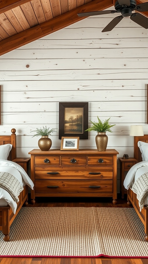 A cozy farmhouse-style bedroom with wooden furniture, including two beds, a dresser, and decorative plants against a white wooden wall.