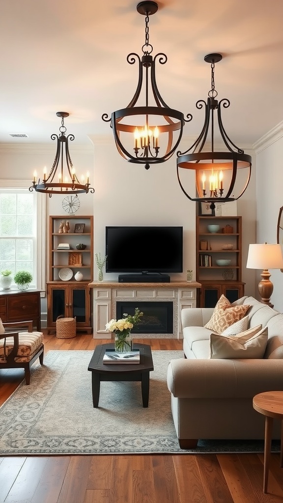 A cozy living room with three large farmhouse-style chandeliers, featuring warm lighting, a light-colored sofa, and wooden shelves.