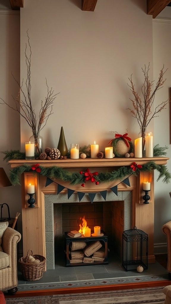 A beautifully decorated farmhouse-style mantel with candles, greenery, and rustic decor.