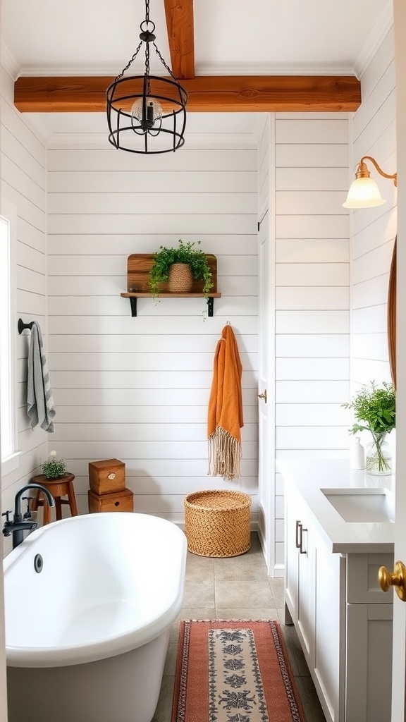 A stylish farmhouse bathroom featuring shiplap walls, wood beams, a freestanding tub, and rustic decor.