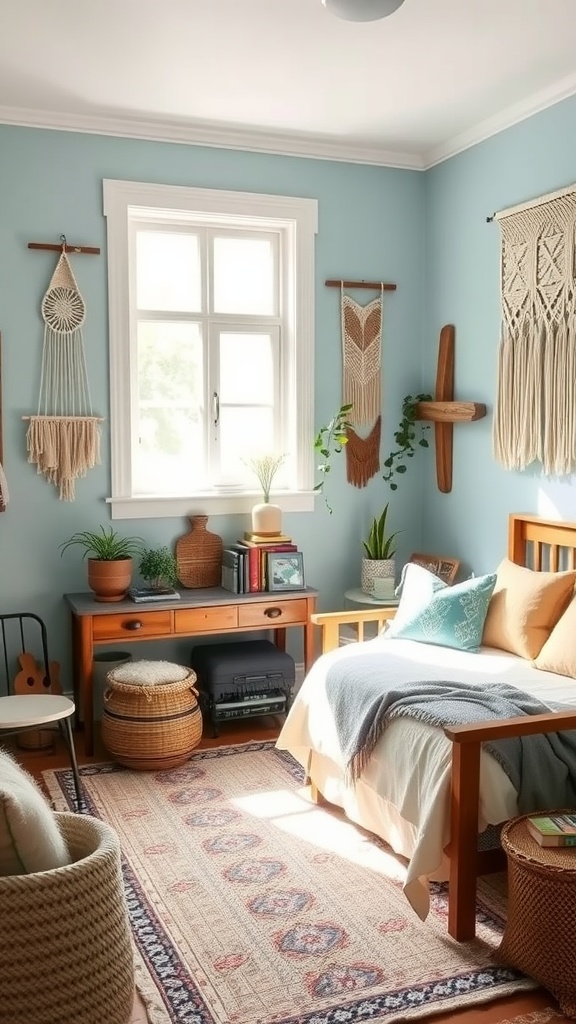 A light blue boho bedroom featuring macramé decor, wooden furniture, and plants.