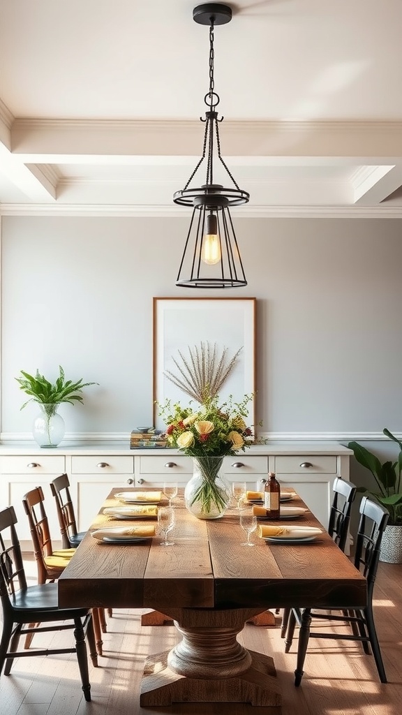 A modern farmhouse dining room featuring a stylish pendant light over a large wooden table with an arrangement of flowers.