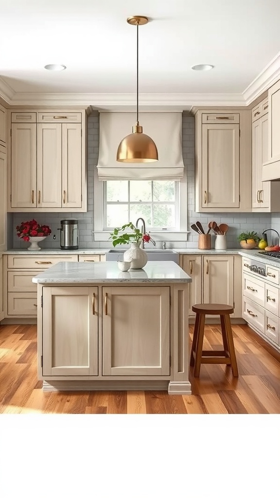 A light-colored farmhouse kitchen featuring an island with a countertop, wooden stool, and pendant lighting.