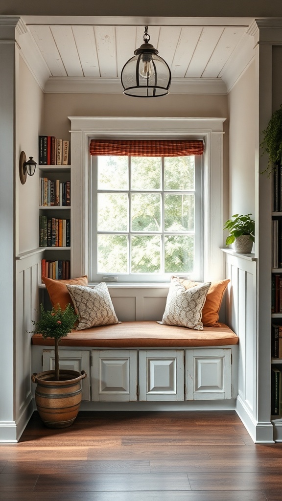 Cozy farmhouse library with a rustic window bench and soft cushions.