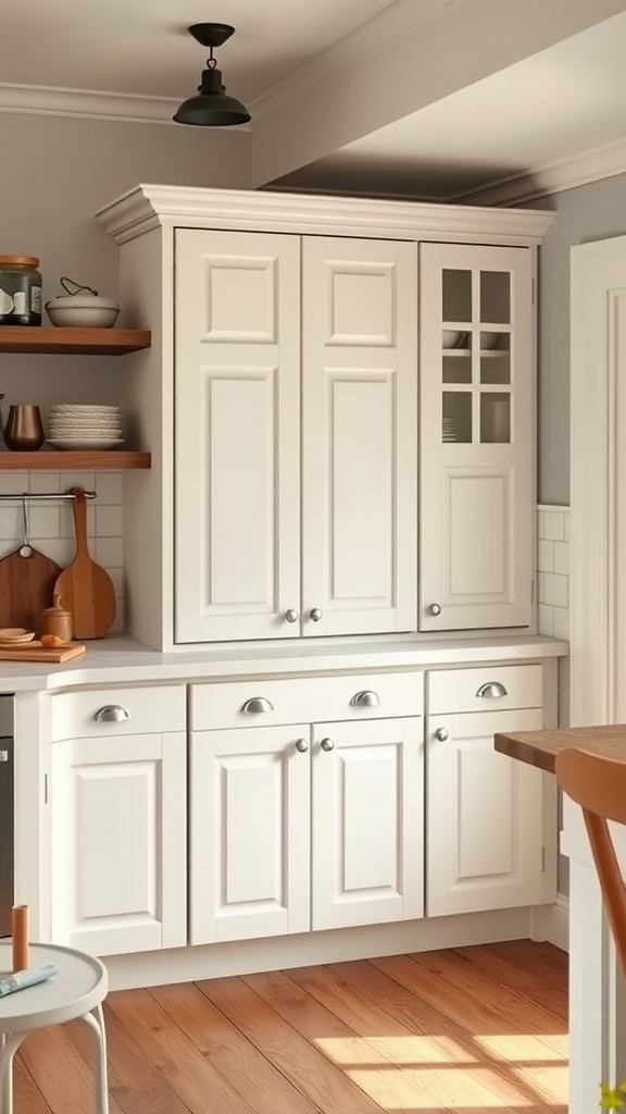 A white farmhouse kitchen pantry cabinet with glass doors and wooden shelves.