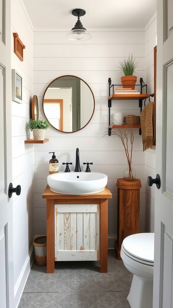 Farmhouse-style powder room with shiplap walls, circular mirror, wooden vanity, and open shelves