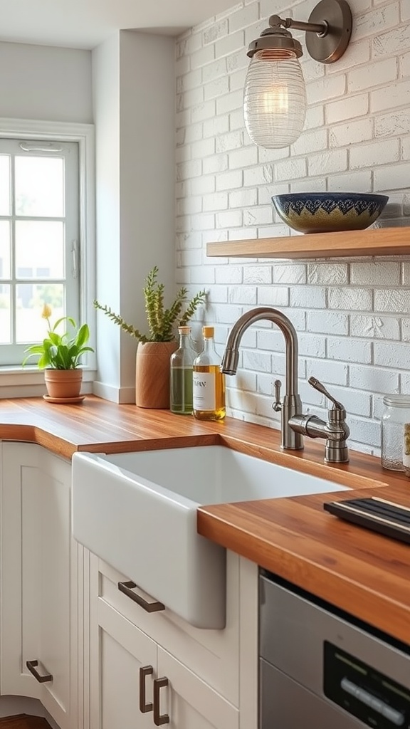 A cozy kitchen featuring a farmhouse sink with warm wood countertops and bright decor
