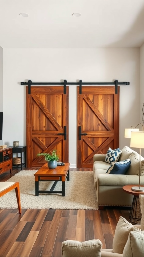 Two wooden sliding barn doors on a black rail in a cozy living room setting.