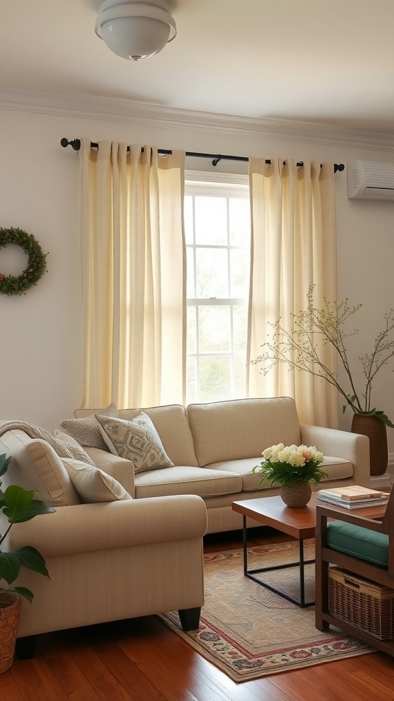 A cozy farmhouse living room featuring soft, light-colored curtains, beige sofas, and a wooden coffee table.