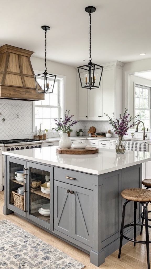 A warm farmhouse kitchen featuring island cabinets with a cream color and wooden stools, illuminated by pendant lighting.