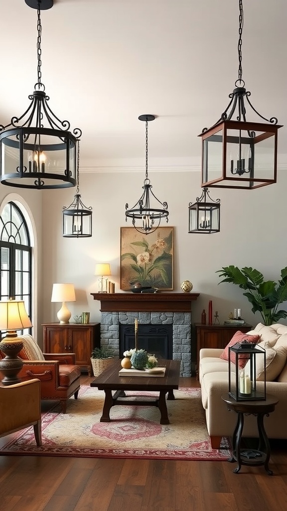 A cozy farmhouse living room with various hanging lantern lighting fixtures.