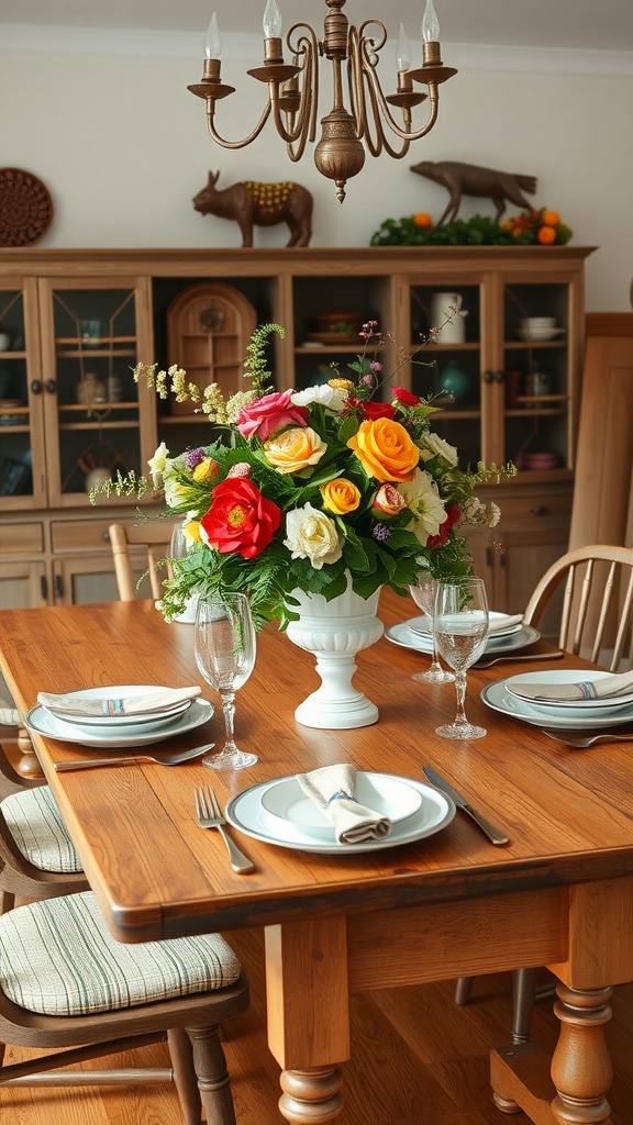 A beautifully set farmhouse dining table featuring a vibrant floral centerpiece, elegant glassware, and simple dishware.