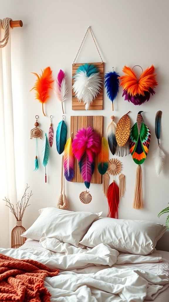 Colorful feather wall art in a bohemian bedroom setting