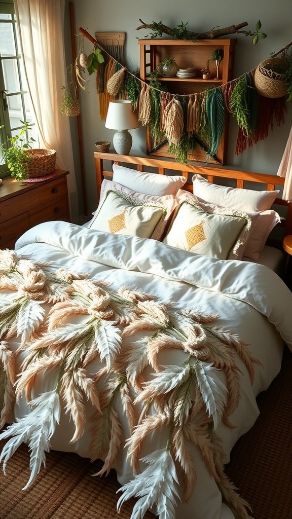 A cozy bedroom featuring a Boho bedding set with feathered details.