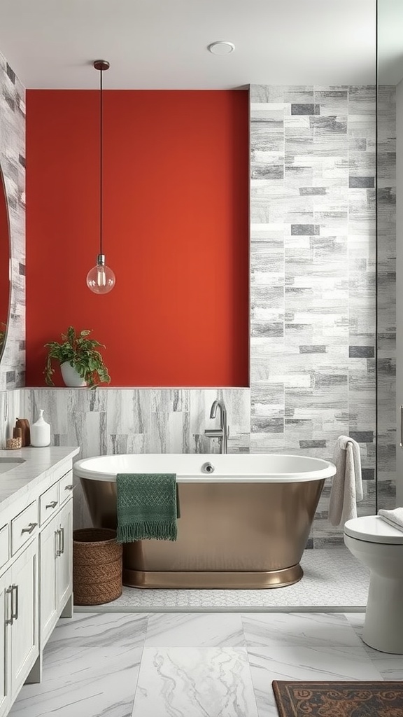 A modern bathroom with a red accent wall, marble tiles, and a bronze bathtub.