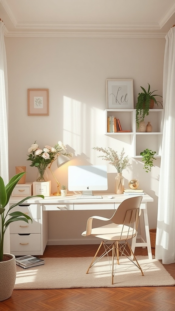 A stylish feminine home office featuring floral accents, a white desk, a computer, and greenery.