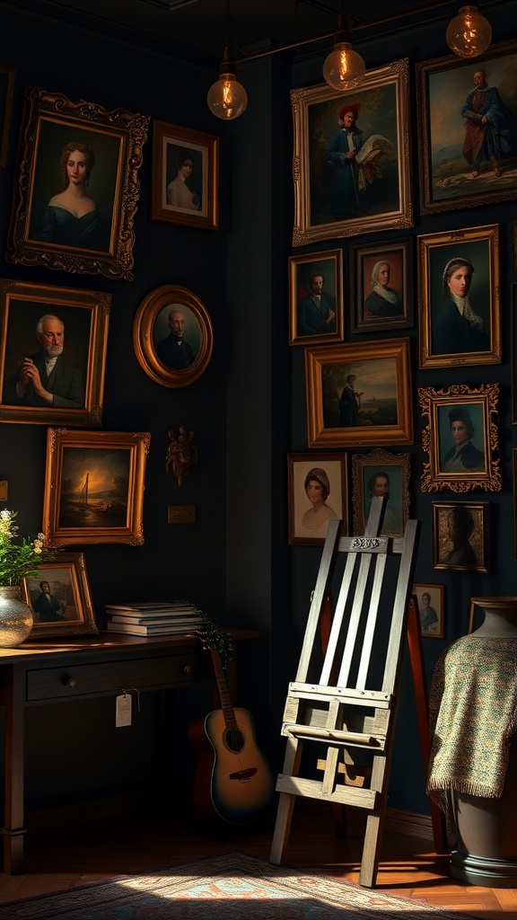 A cozy corner filled with framed portraits in gold frames against a dark wall, featuring a desk, easel, and guitar.