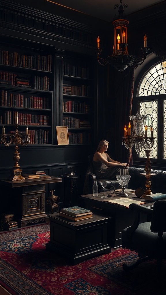 A cozy Dark Academia themed room with dark bookshelves, vintage decor, and elegant lighting.