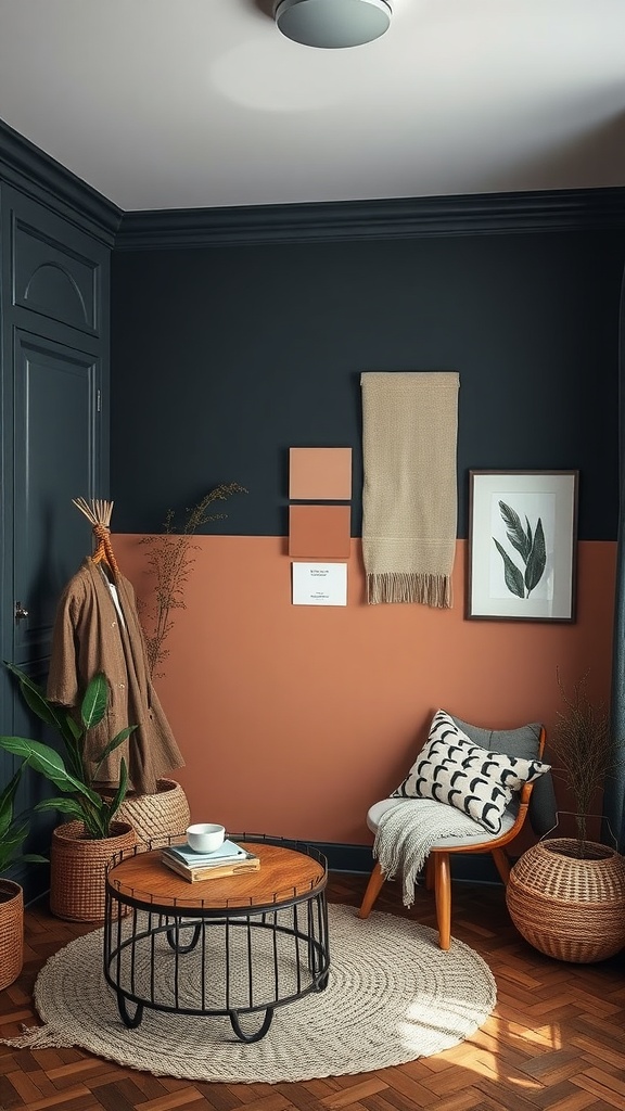 A stylish dark room featuring a mix of navy and terracotta paint colors, with cozy furniture and decorative elements.