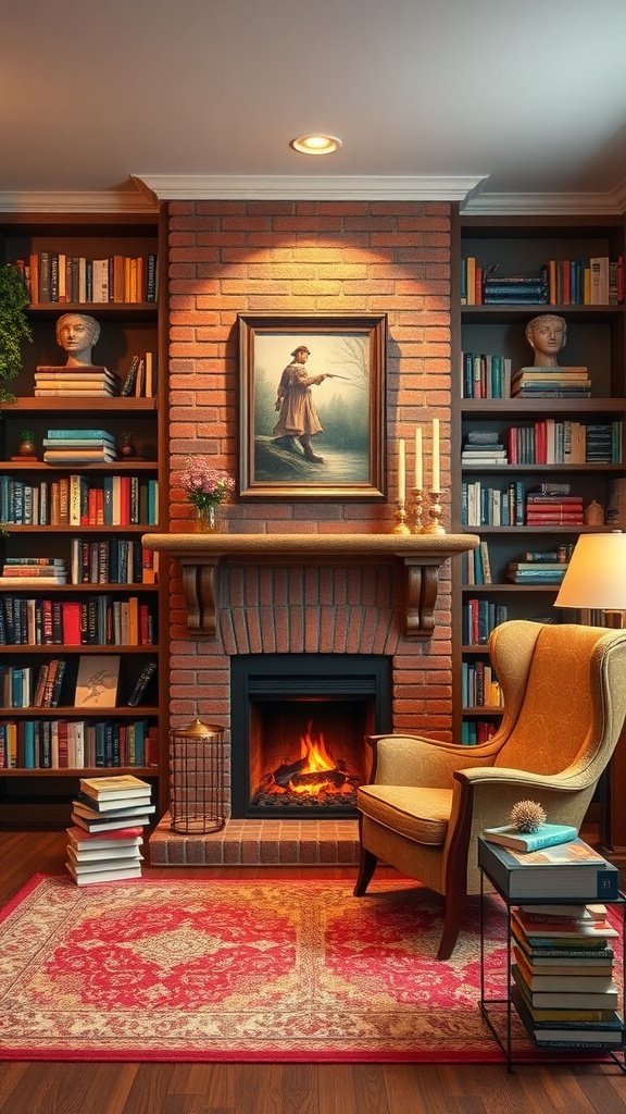 Cozy fireplace reading space with bookshelves, a warm chair, and a decorative rug.