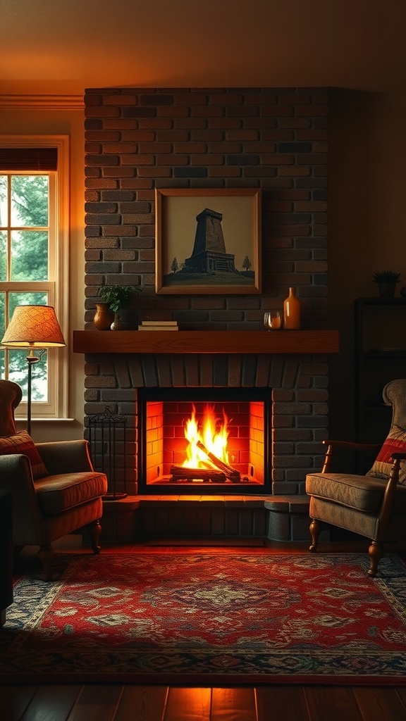 Cozy living room with a fireplace, two chairs, and warm lighting