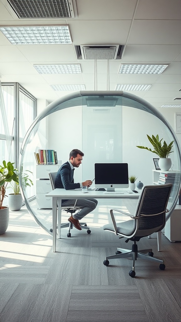 A man working in a modern fishbowl office with clear walls, featuring a desk and plants in a bright setting.