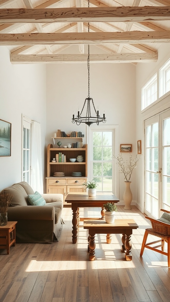 A bright and airy living room with wooden beams and rustic furniture, showcasing the color Fleur De Sel.