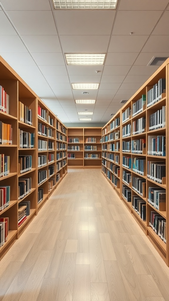 A spacious library with movable shelves filled with books