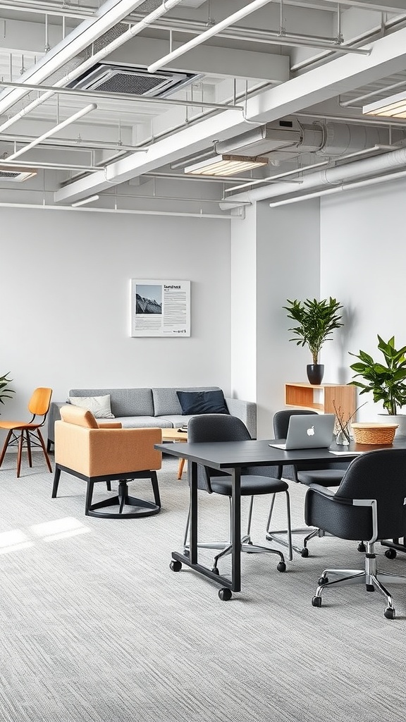 Modern office space with flexible seating arrangements including a couch, chairs, and a round table.