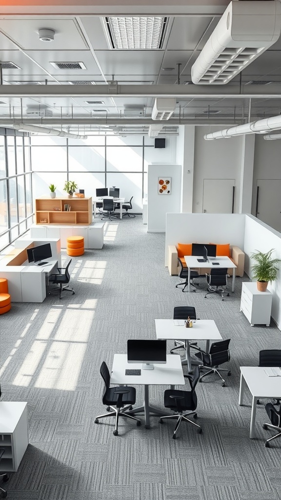 Modern office layout featuring flexible work zones with white desks, black chairs, orange seating, and plenty of natural light.