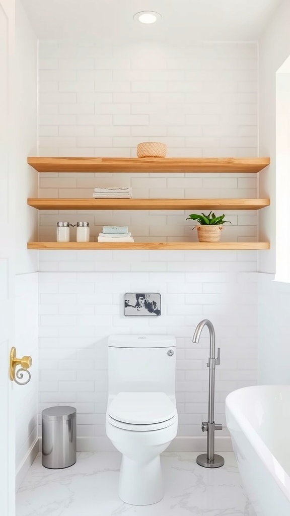 Modern bathroom with floating wooden shelves holding towels and a plant.