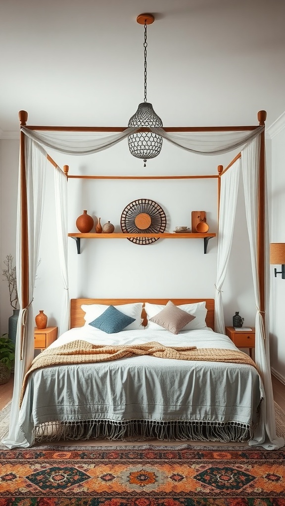 A Boho bedroom with a canopy bed and wooden floating shelves displaying decorative items.