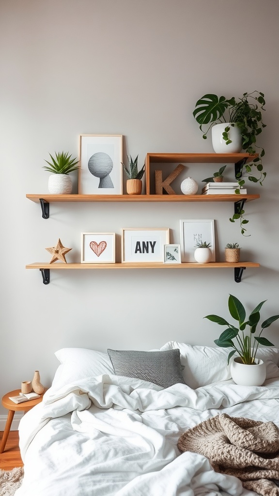 Floating wooden shelves displaying plants and decorative items in a cozy bedroom.