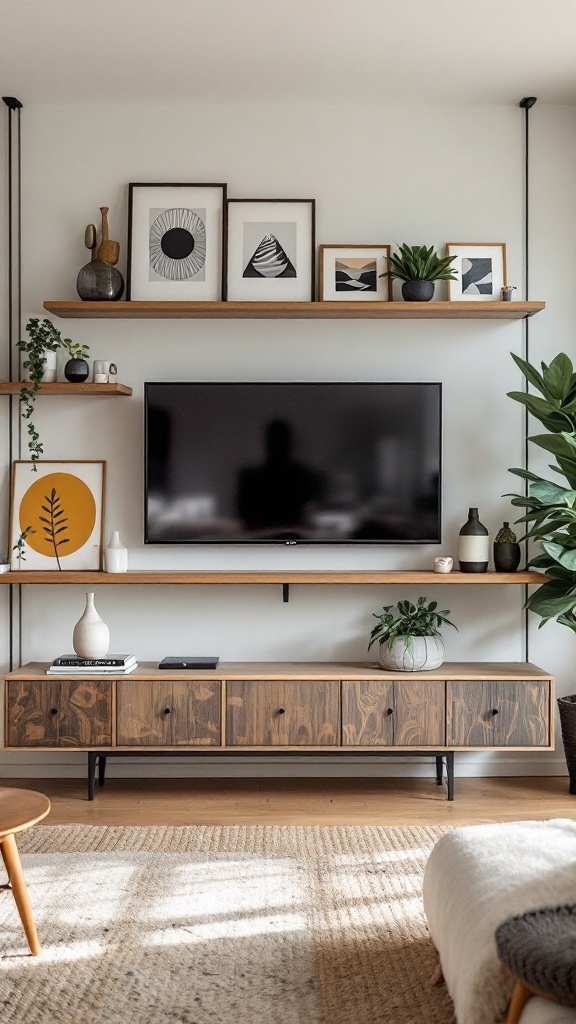 Living room with floating shelves displaying art above a mounted TV