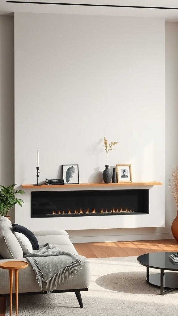 A modern living room featuring floating shelves with gothic curves above a sleek black fireplace, minimalist furniture, and warm wooden accents.