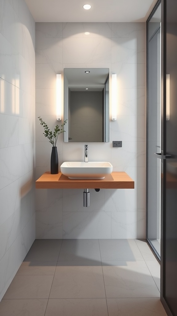 Modern floating vanity in a small bathroom with a mirror and plant.