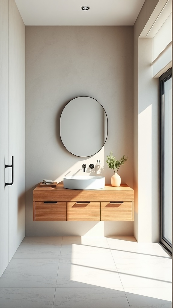 A modern bathroom featuring a floating wooden vanity, round mirror, and natural light.