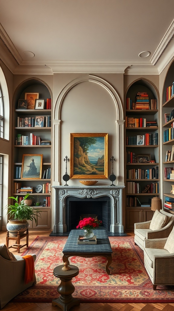 Living room featuring floor-to-ceiling Gothic style bookcases, a classic fireplace, and cozy seating.