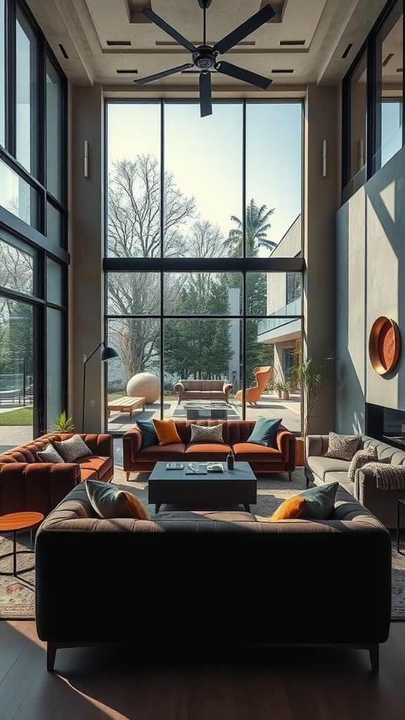 A spacious living room featuring floor-to-ceiling concrete windows, plush velvet sofas, and a bright view of nature.