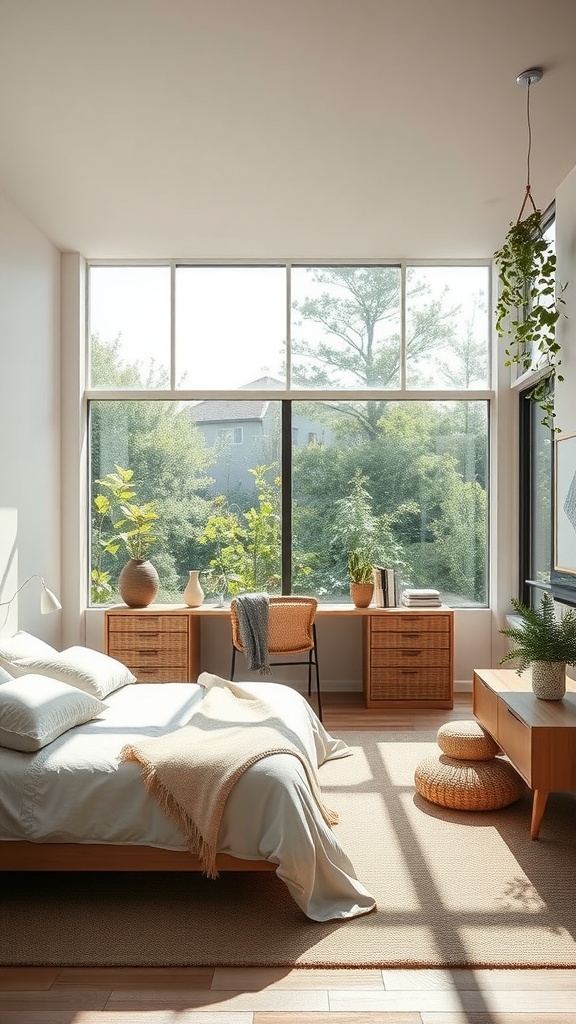 A cozy bedroom with floor-to-ceiling windows, showcasing natural light and greenery outside.