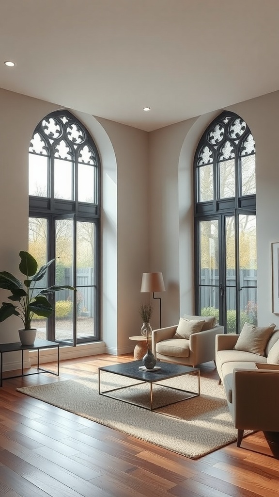 Living room with floor-to-ceiling Gothic windows and modern furniture