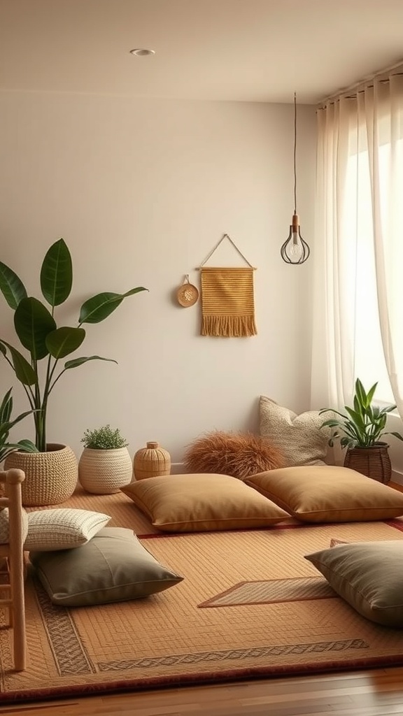 Cozy floor cushion seating in a Japanese Boho style bedroom, featuring earthy tones and plants.